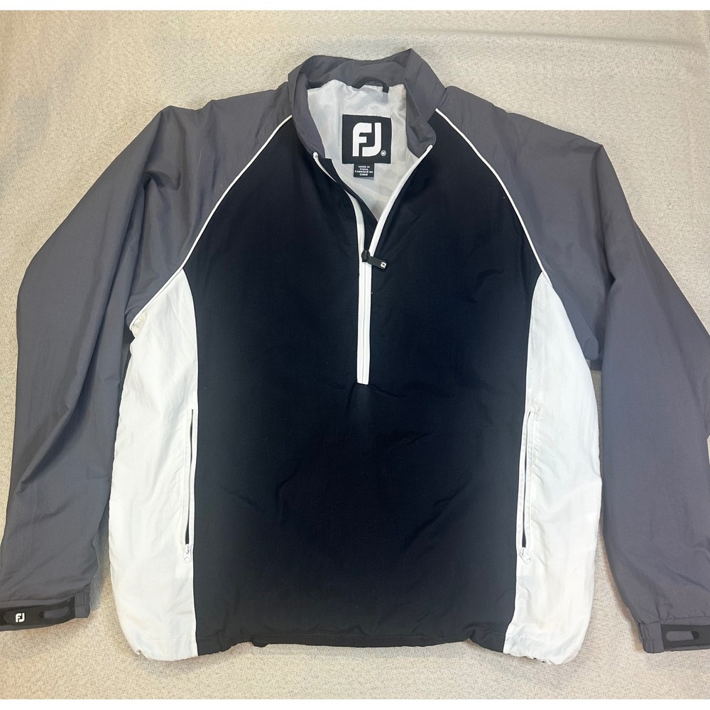 FootJoy Golf Jacket Mens Medium Black Grey Nylon Half Zip Windbreaker Pullover